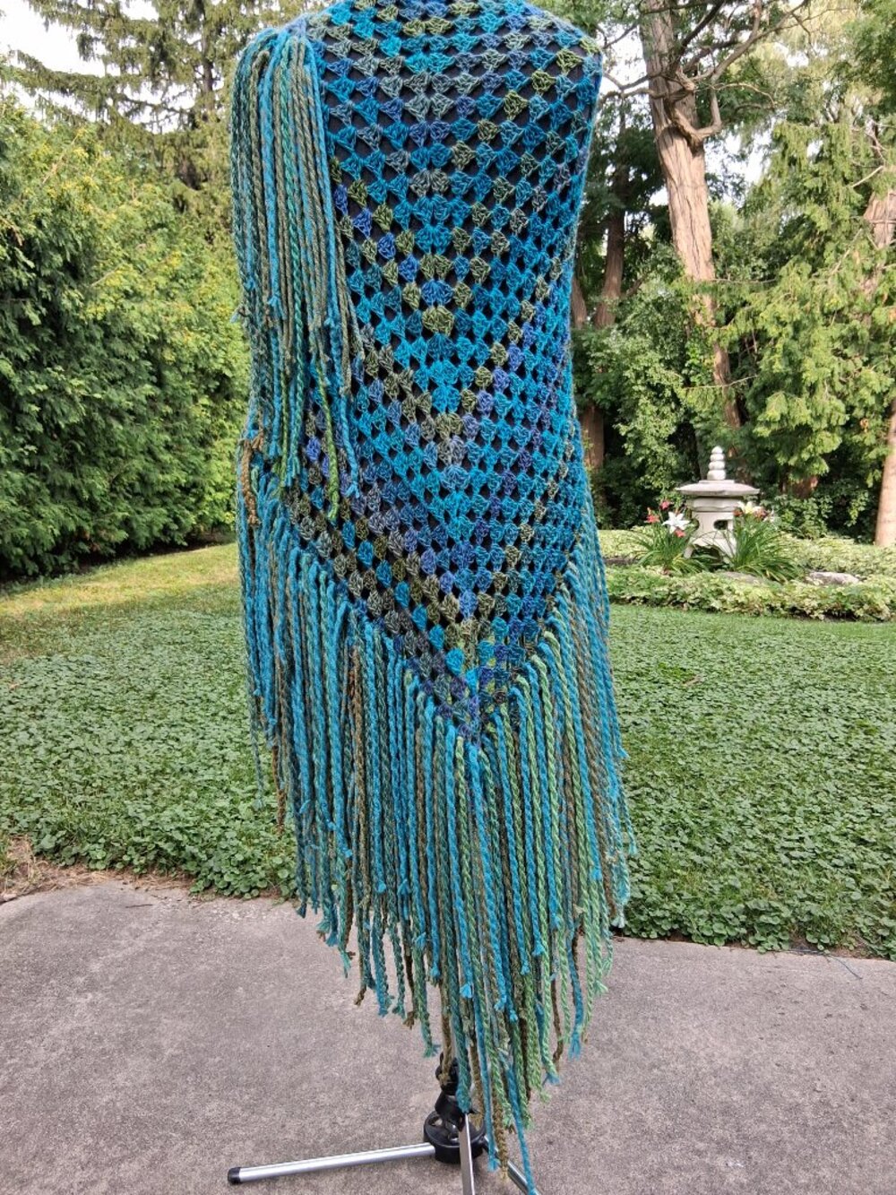 Boho Turquoise Blue and Green Full Thick Fringe Shawl Shrug - Picture 10 of 14